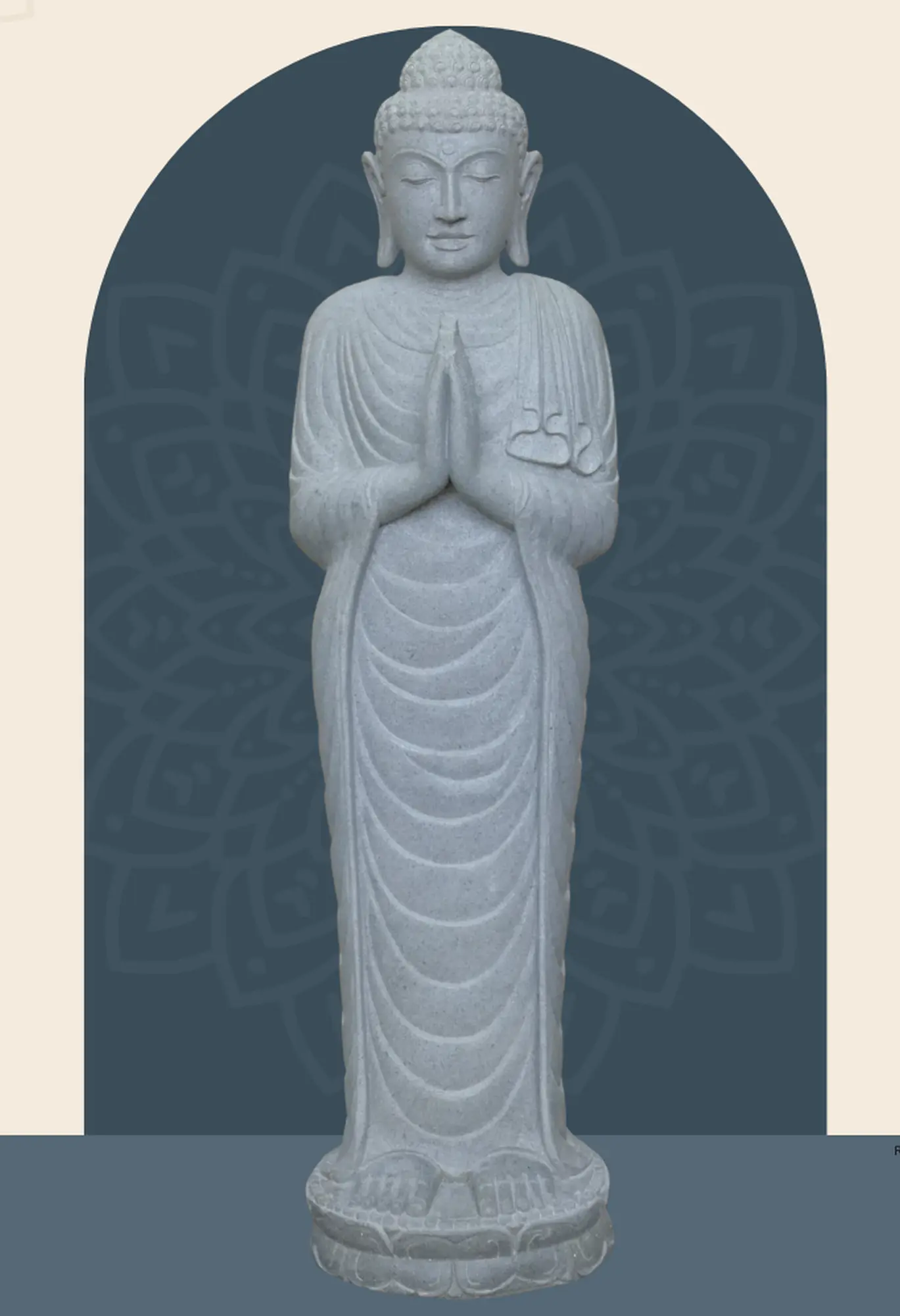  Product image 1 of the product “Standing Buddha made of Riverstone, position Namaskara , H. 153cm. ”